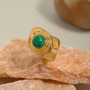 3/$35 18K Gold Plated Open Ring Green Natural Stone Gem Stainless Steel Jewelry